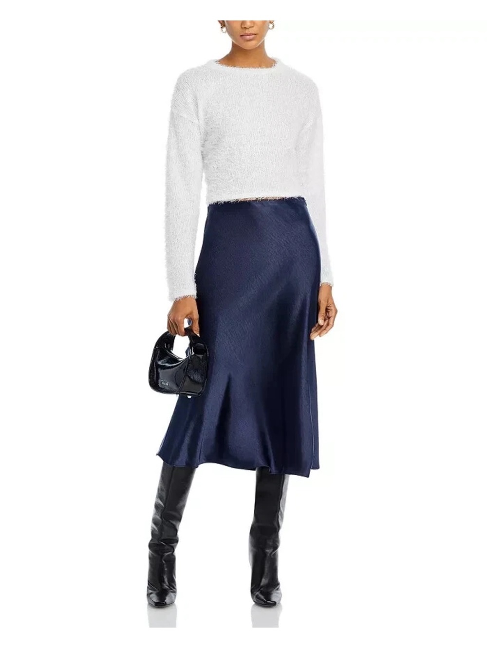 Aqua Satin Midi Skirt in Navy Blue Size Large - Picture 2 of 4
